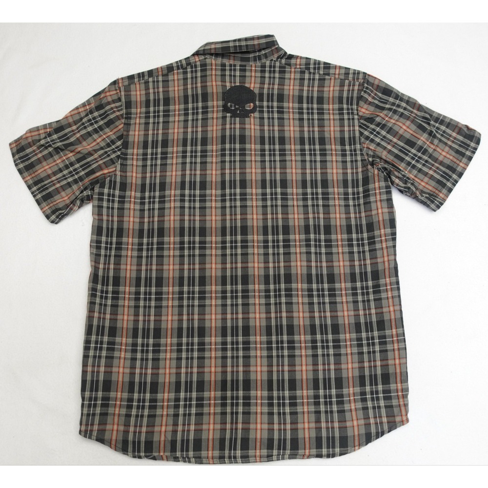 Harley-Davidson Shirt Mens M Gray Plaid Button Up H-D Performance Skull Back